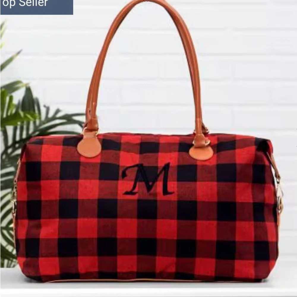 - Lakeside Collection Monogramed Red and Black Plaid Overnight Bag Letter “T” - Picture 2 of 4